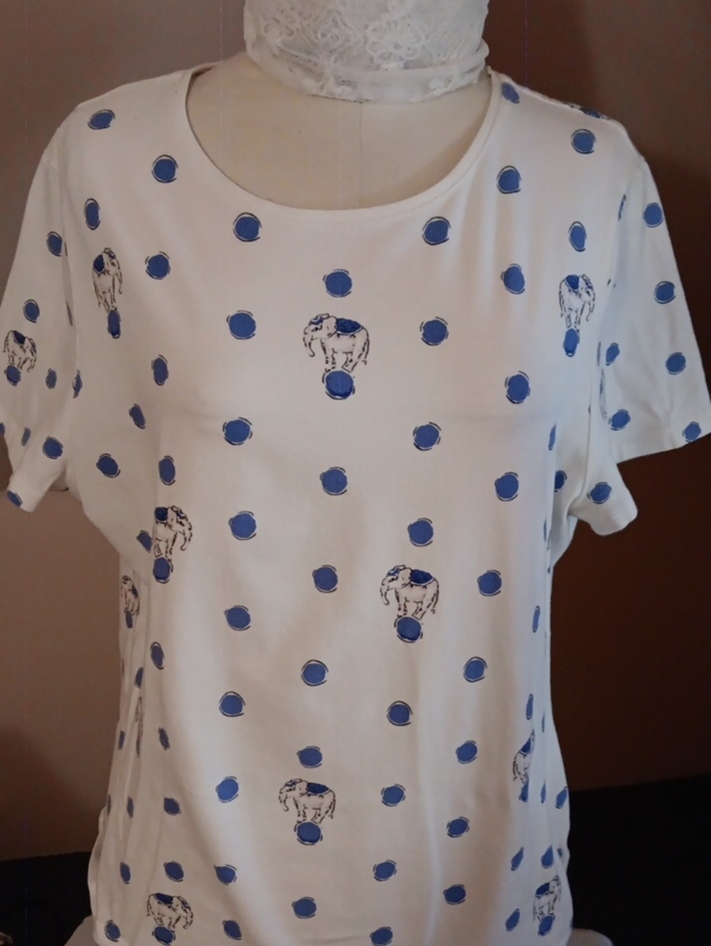 Talbots White Short-Sleeve Tee with Blue Polka Dots and Elephant Print